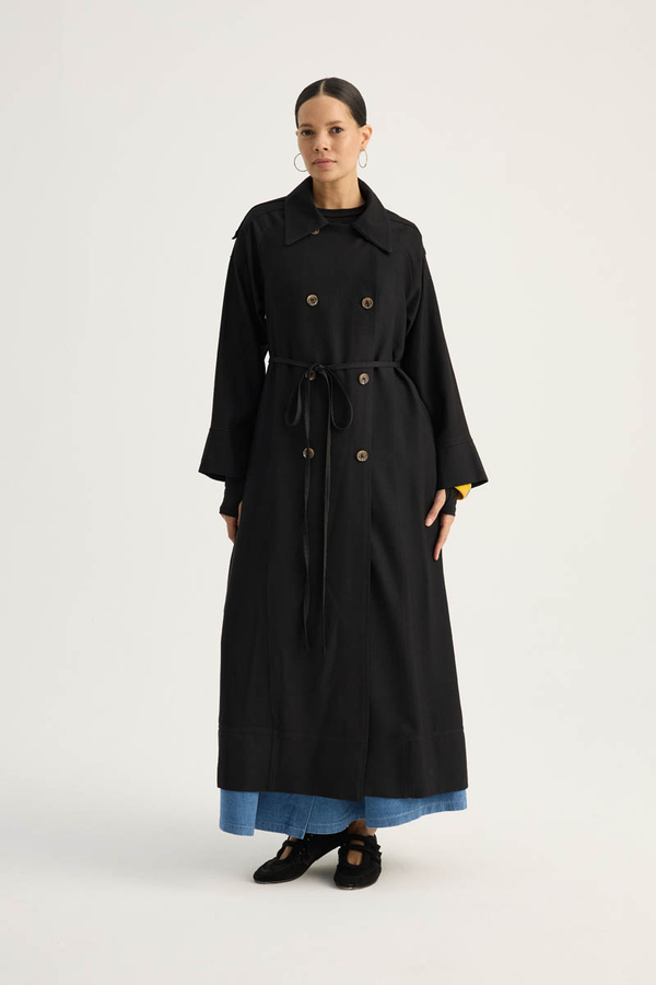 Apoletli Kruvaze Trençkot Siyah - 5