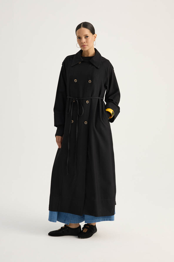 Apoletli Kruvaze Trençkot Siyah - 7