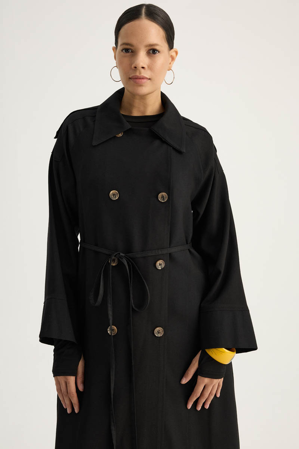 Apoletli Kruvaze Trençkot Siyah - 9