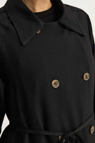 Apoletli Kruvaze Trençkot Siyah - 10