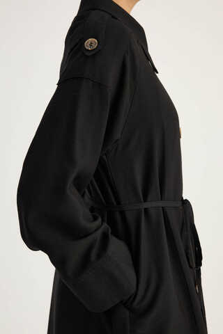 Apoletli Kruvaze Trençkot Siyah - 14