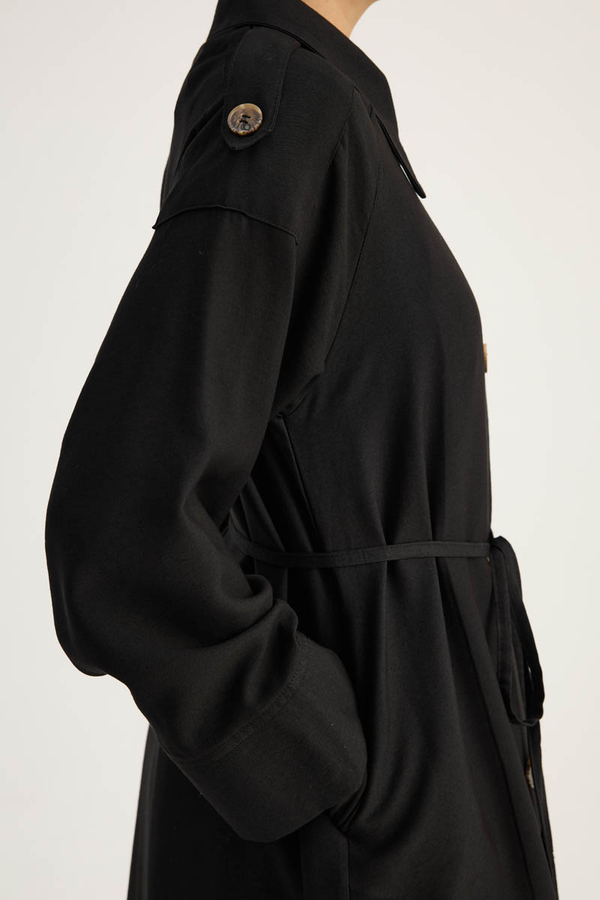 Apoletli Kruvaze Trençkot Siyah - 14