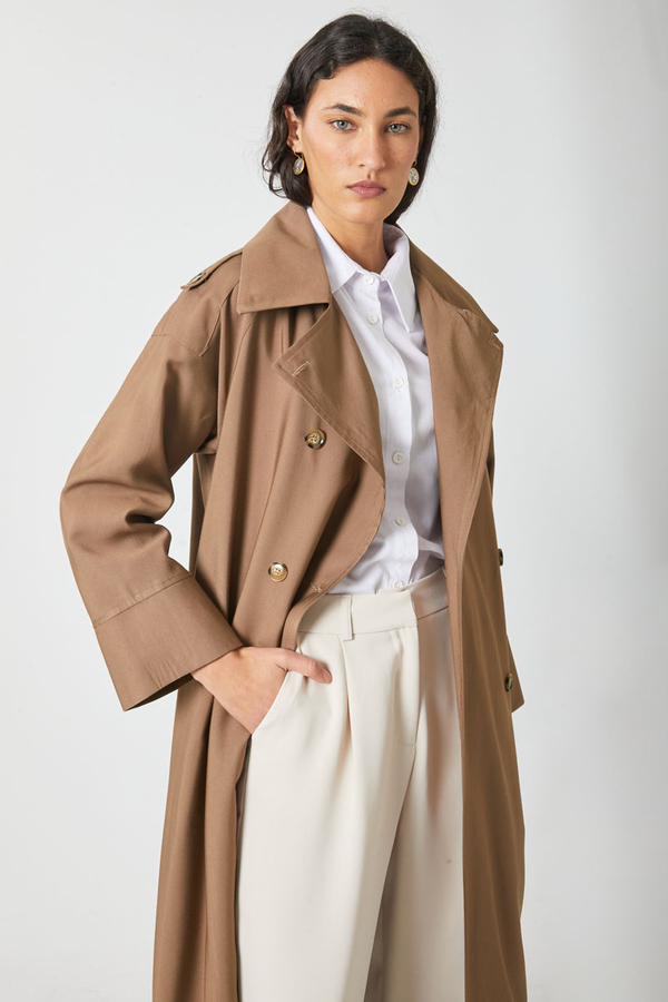 Apoletli Kruvaze Trençkot Taba - 14