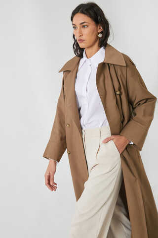 Apoletli Kruvaze Trençkot Taba - 10