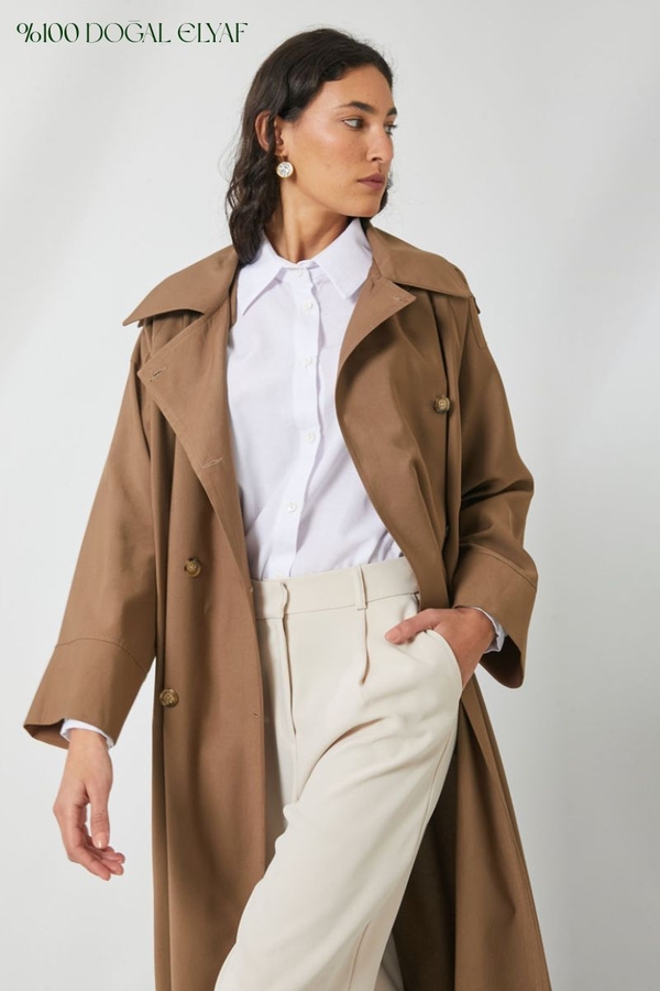 Apoletli Kruvaze Trençkot Taba - 1