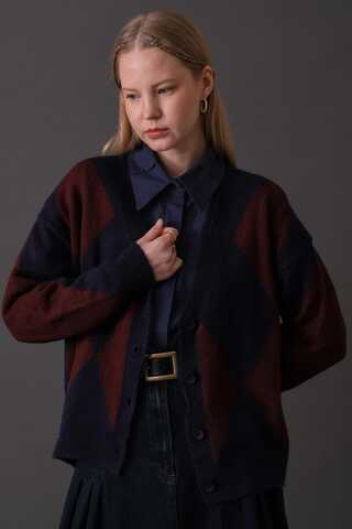 Argyle Pattern Cardigan Navy - 1