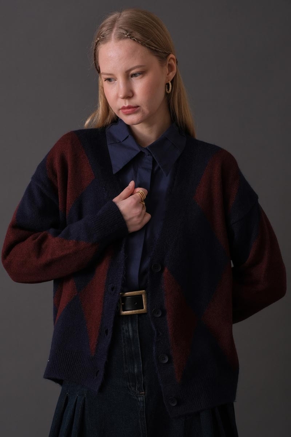 Argyle Pattern Cardigan Navy - 1