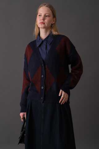 Argyle Pattern Cardigan Navy - 10