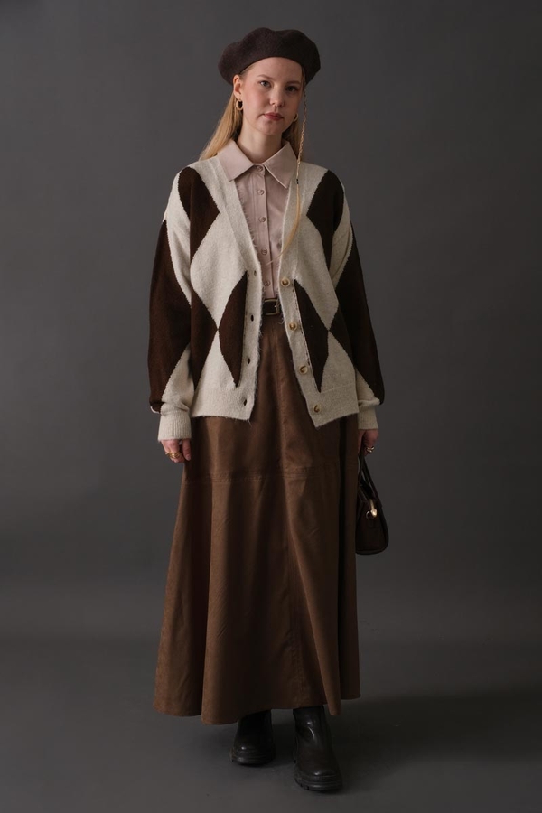 Argyle Pattern Cardigan Stone - 3