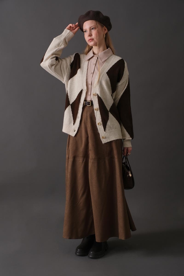 Argyle Pattern Cardigan Stone - 5