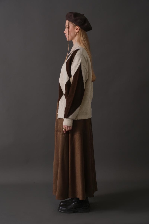 Argyle Pattern Cardigan Stone - 9