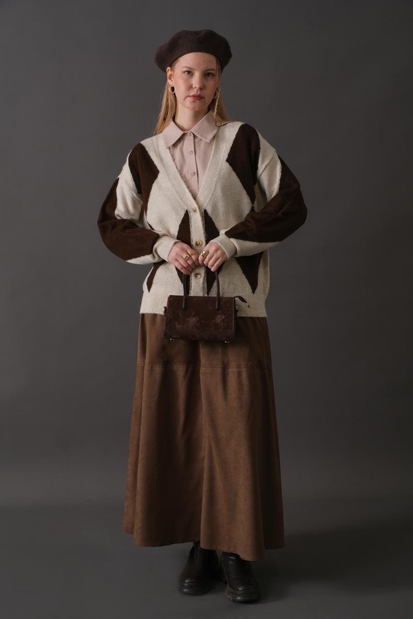 Argyle Pattern Cardigan Stone - 10