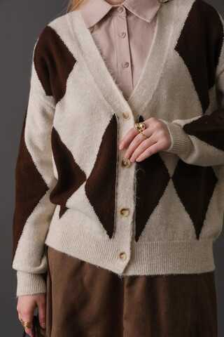 Argyle Pattern Cardigan Stone - 2