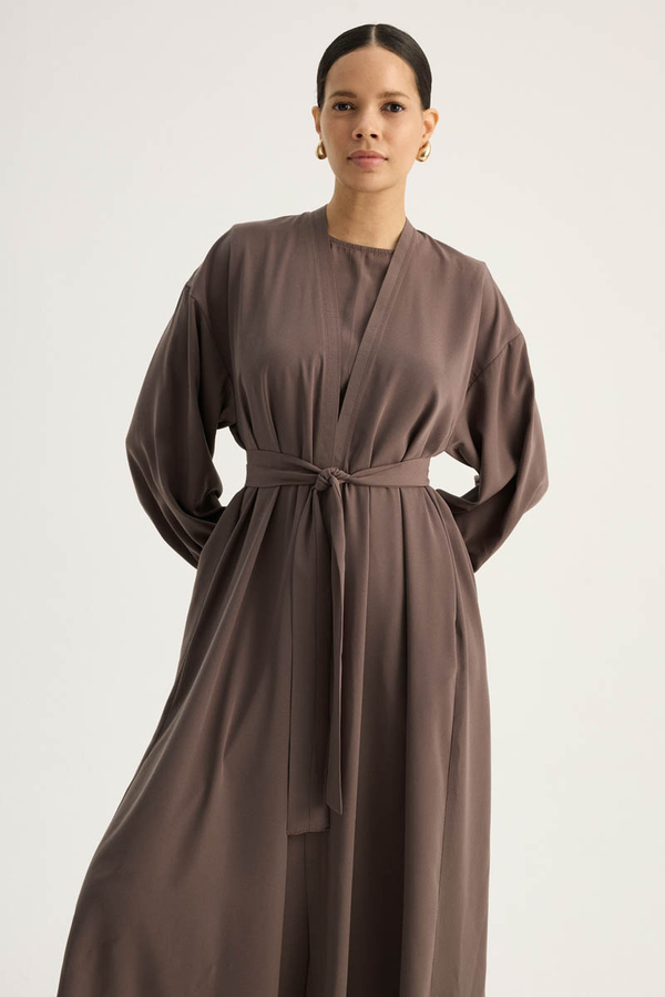 Arka Parçalı Abaya Takım Kahverengi - 1