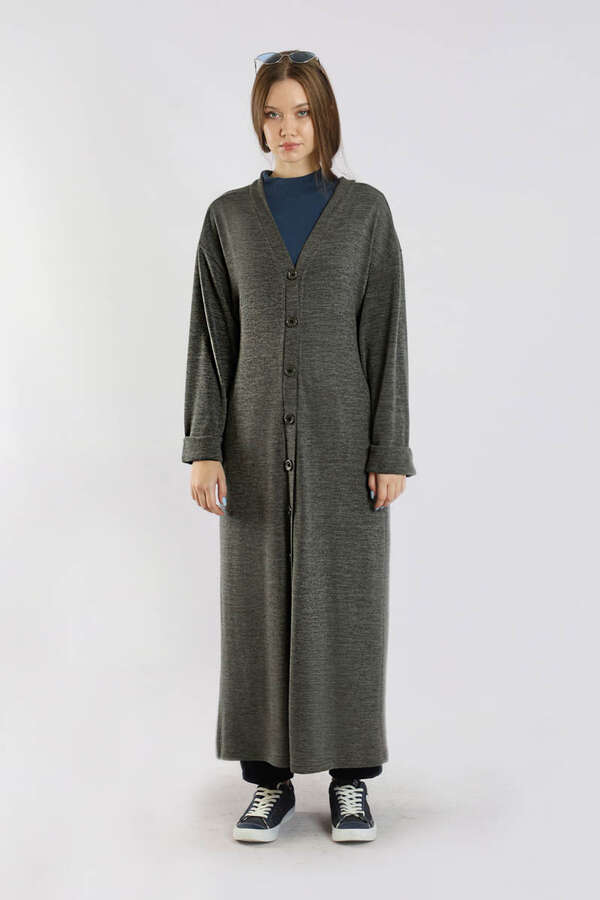 Arkadan Kuşaklı Triko Hırka Gri - 1