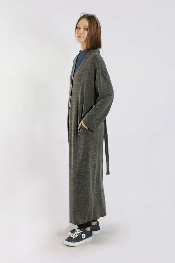 Arkadan Kuşaklı Triko Hırka Gri - 3