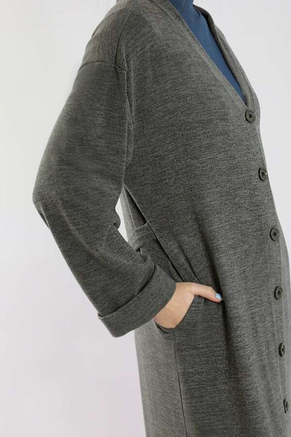 Arkadan Kuşaklı Triko Hırka Gri - 4