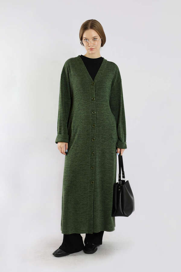 Arkadan Kuşaklı Triko Hırka Haki 