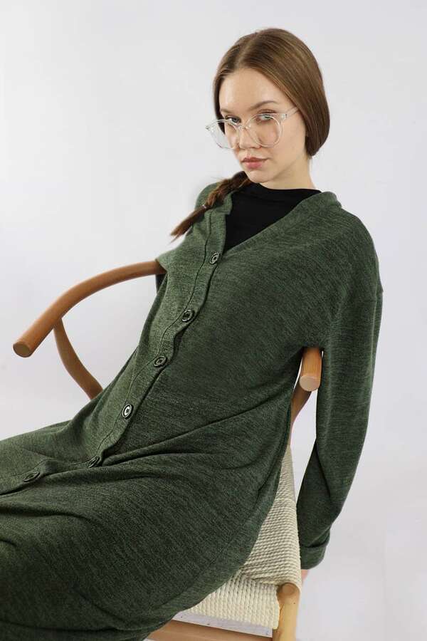 Arkadan Kuşaklı Triko Hırka Haki - 2