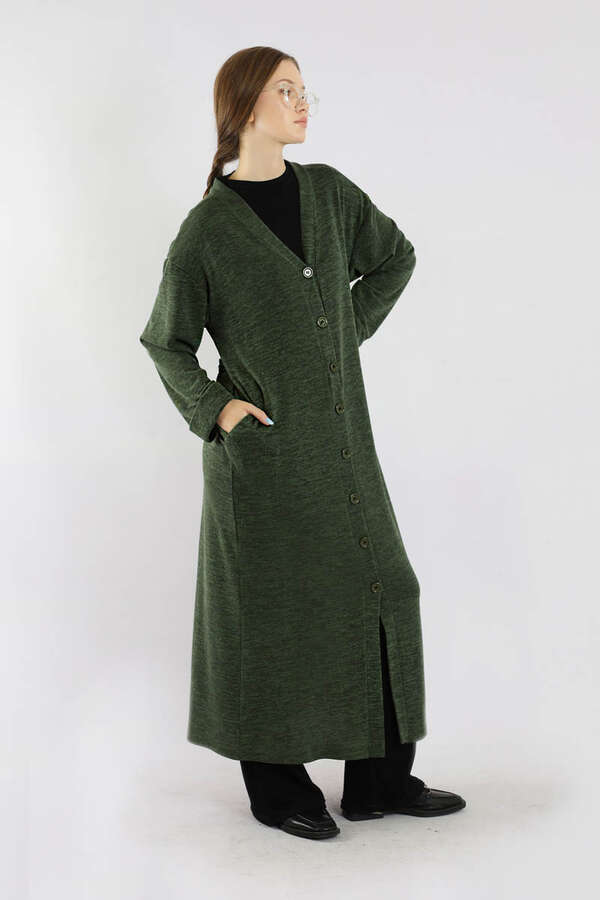 Arkadan Kuşaklı Triko Hırka Haki - 5