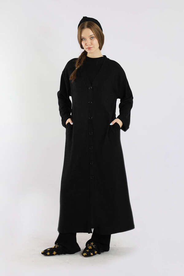 Arkadan Kuşaklı Triko Hırka Siyah - 1