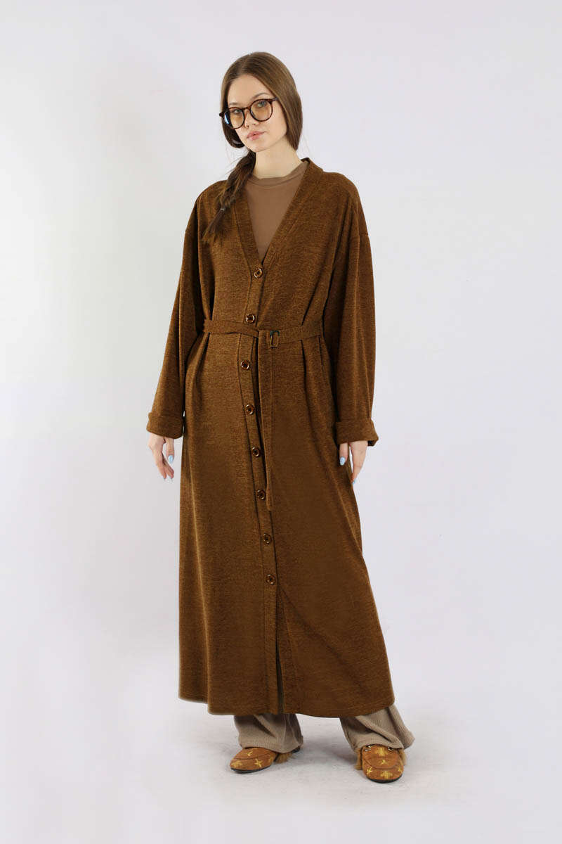 Arkadan Kuşaklı Triko Hırka Taba