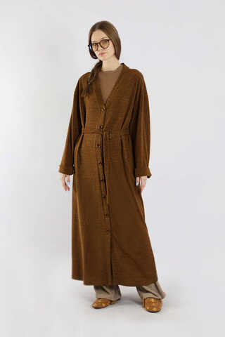 Arkadan Kuşaklı Triko Hırka Taba - 1