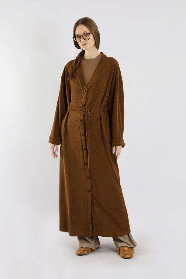 Arkadan Kuşaklı Triko Hırka Taba 