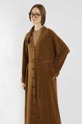 Arkadan Kuşaklı Triko Hırka Taba - 2