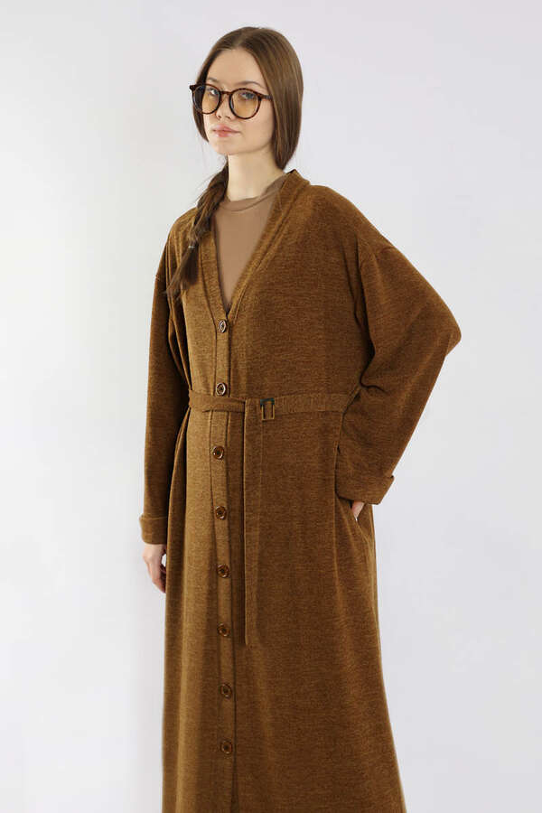 Arkadan Kuşaklı Triko Hırka Taba - 2