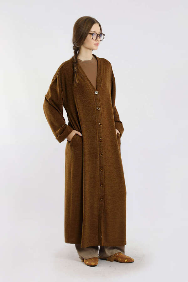 Arkadan Kuşaklı Triko Hırka Taba - 3