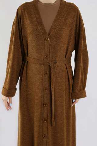 Arkadan Kuşaklı Triko Hırka Taba - 4