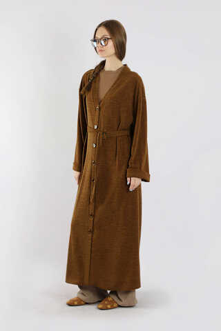 Arkadan Kuşaklı Triko Hırka Taba - 5