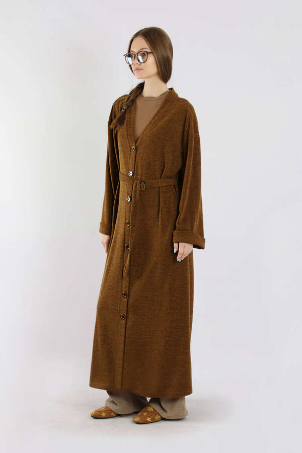 Arkadan Kuşaklı Triko Hırka Taba - 5