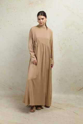 Asimetrik Büzgülü Elbise Bej - 1