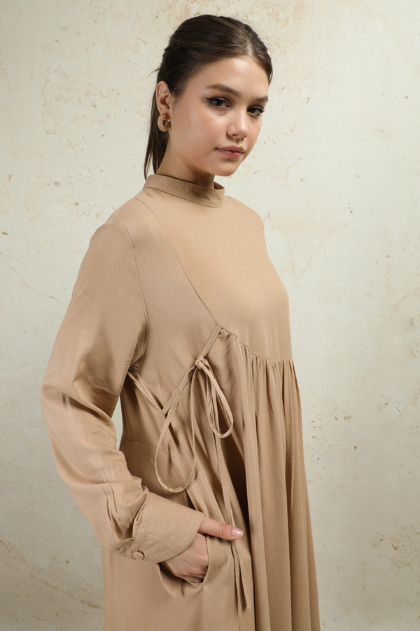 Asimetrik Büzgülü Elbise Bej - 3