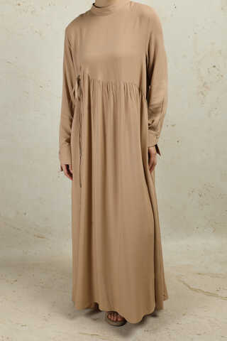 Asimetrik Büzgülü Elbise Bej - 2