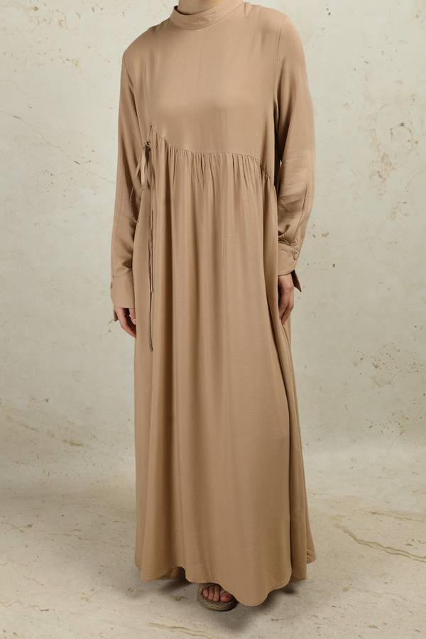 Asimetrik Büzgülü Elbise Bej - 2