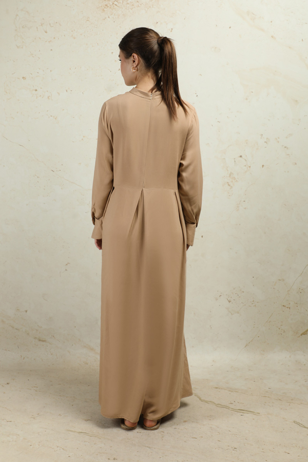 Asimetrik Büzgülü Elbise Bej - 6