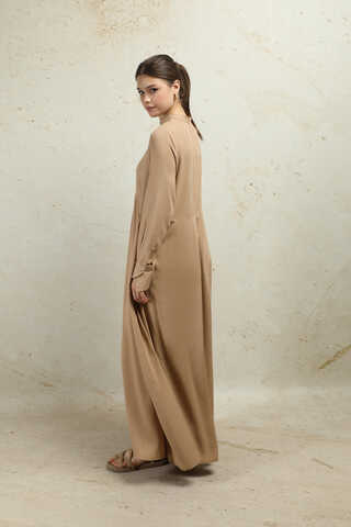 Asimetrik Büzgülü Elbise Bej - 5