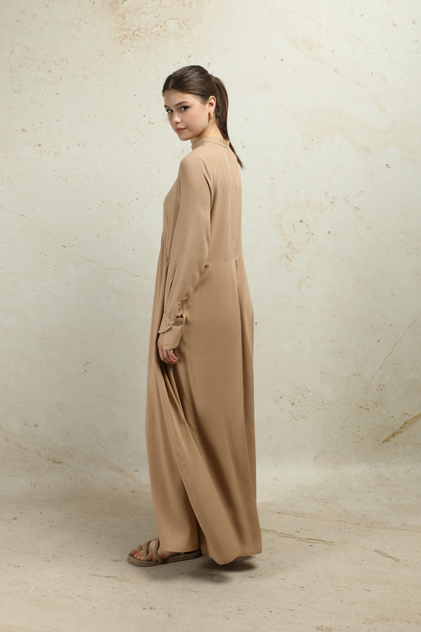 Asimetrik Büzgülü Elbise Bej - 5
