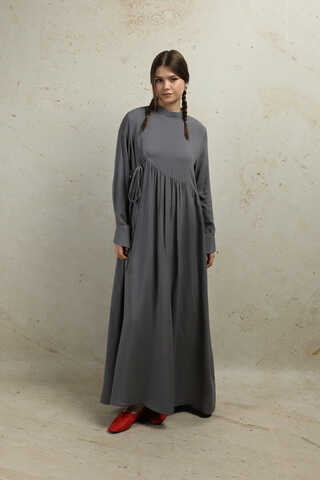 Asimetrik Büzgülü Elbise Gri - 1
