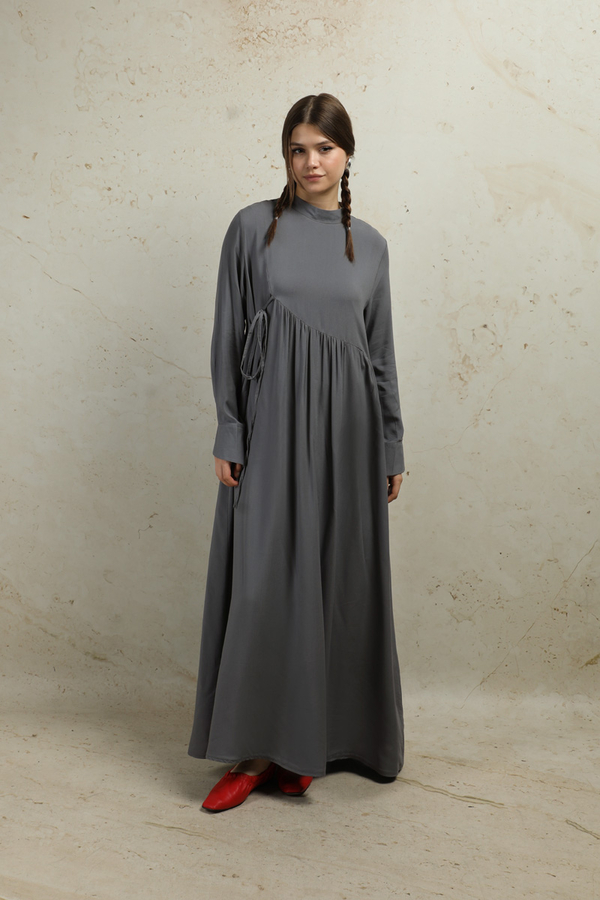 Asimetrik Büzgülü Elbise Gri - 1