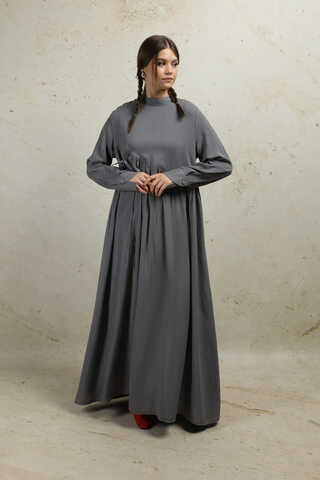 Asimetrik Büzgülü Elbise Gri - 3