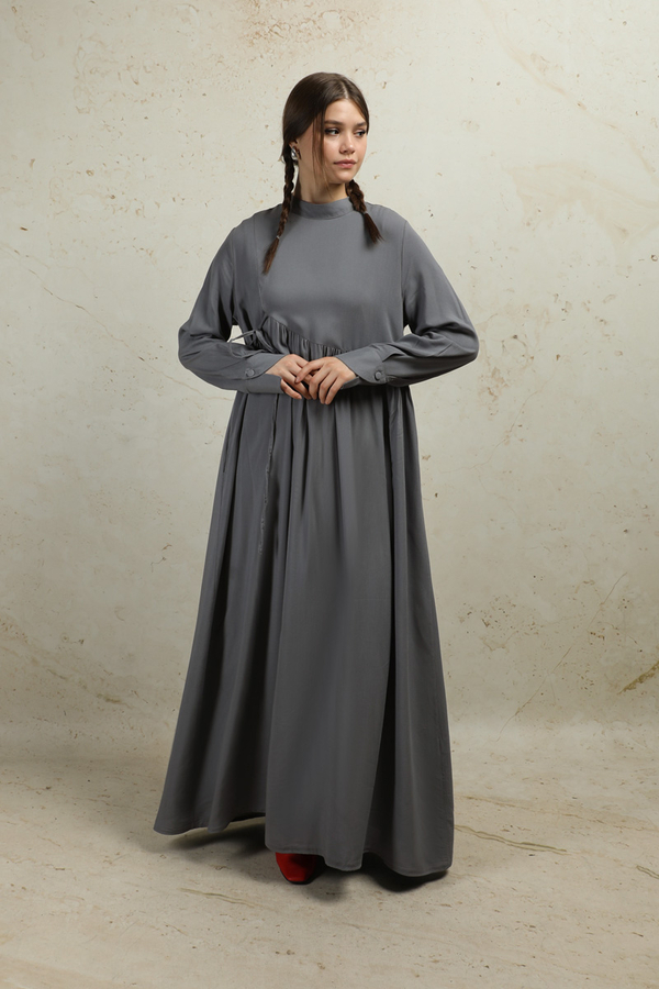 Asimetrik Büzgülü Elbise Gri - 3