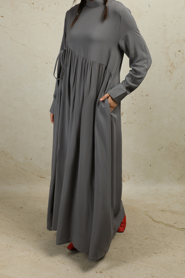 Asimetrik Büzgülü Elbise Gri - 4