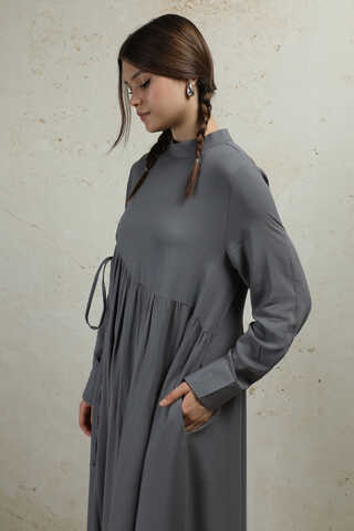 Asimetrik Büzgülü Elbise Gri - 6