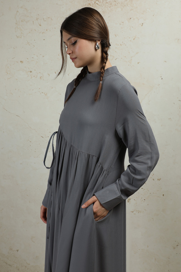 Asimetrik Büzgülü Elbise Gri - 6
