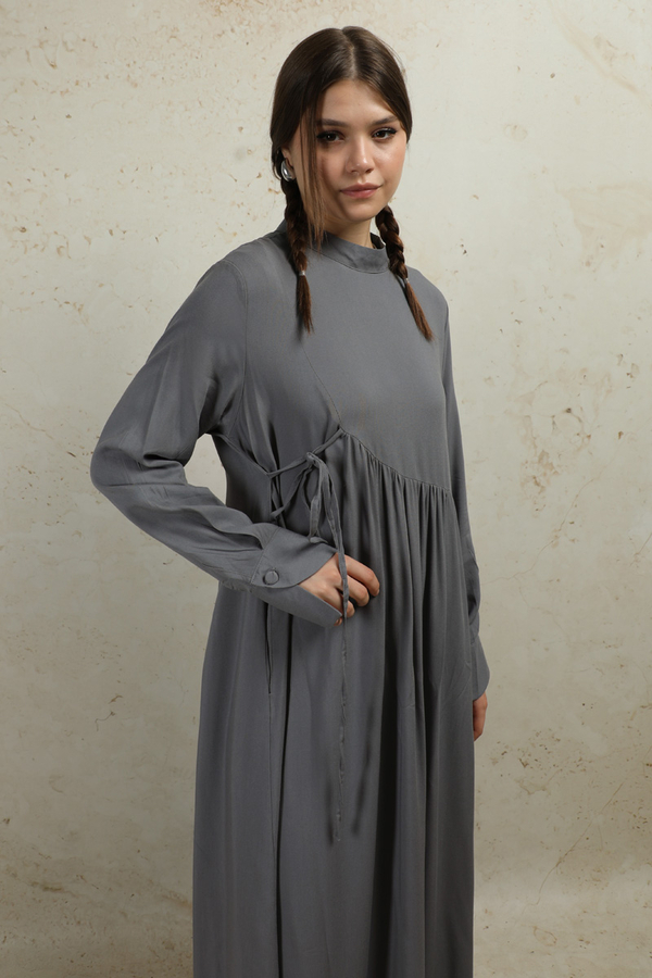 Asimetrik Büzgülü Elbise Gri - 2