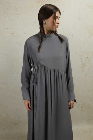 Asimetrik Büzgülü Elbise Gri - 5